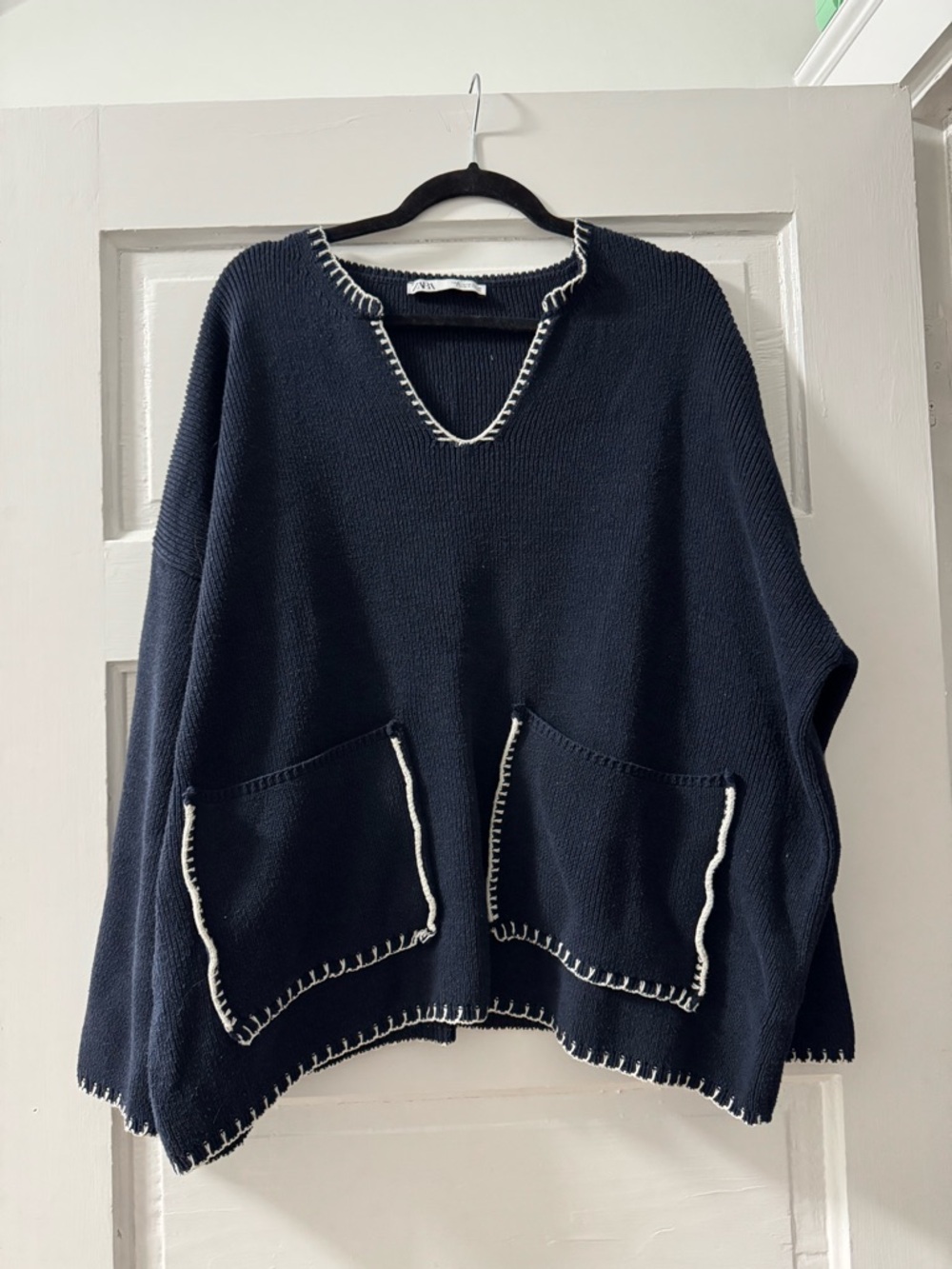 Zara Navy and White Trim V-Neck Sweater with Front Pockets